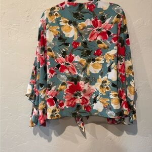 Entro Green and Red Blouse with Tie Front Relaxed Style